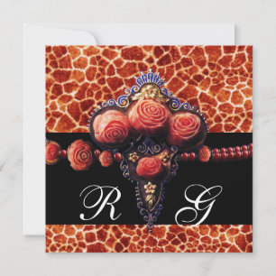 ZWARTE RODE KORAAL ROZEN, GIRAFFEHUID MONOGRAM KAART