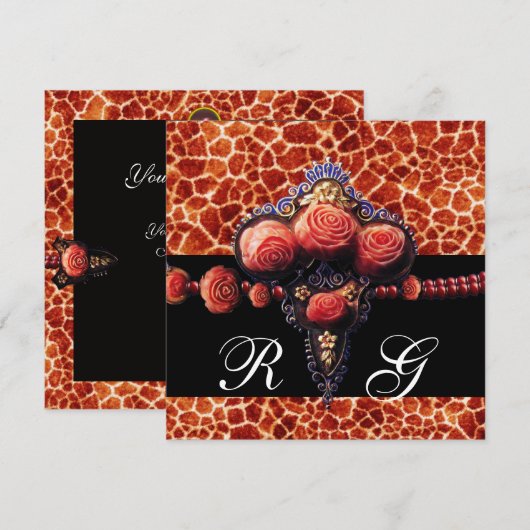 ZWARTE RODE KORAALROZEN, GIRAFFENVELLEN MONOGRAM KAART (Voorkant / Achterkant)