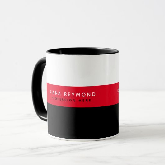 zwarte rode mok met naam en beroep (Voorkant links)