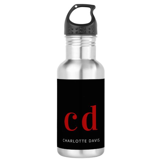 Zwarte rode monogram naam moderne minimalist waterfles (Voorkant)