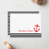 Zwarte & Rode Nautische Strepen & Anker Stationery Notitiekaartje (Voorkant / Achterkant in situ)