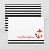 Zwarte & Rode Nautische Strepen & Anker Stationery Notitiekaartje (Voorkant / Achterkant)