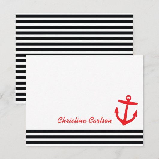 Zwarte & Rode Nautische Strepen & Anker Stationery Notitiekaartje (Voorkant / Achterkant)