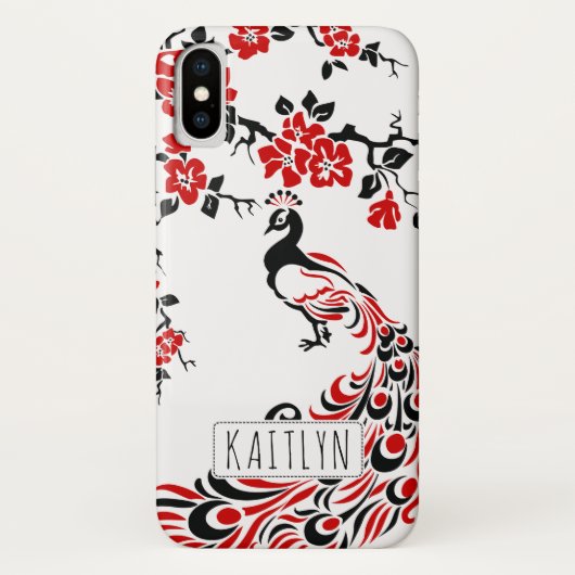 Zwarte, rode pauw & kersenbloesem art nouveau Case-Mate iPhone case (Achterkant)