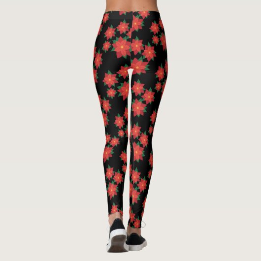 Zwarte Rode Poinsettia Kerstfeestdag Leggings (Achterkant)
