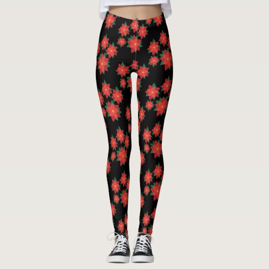 Zwarte Rode Poinsettia Kerstfeestdag Leggings (Voorkant)