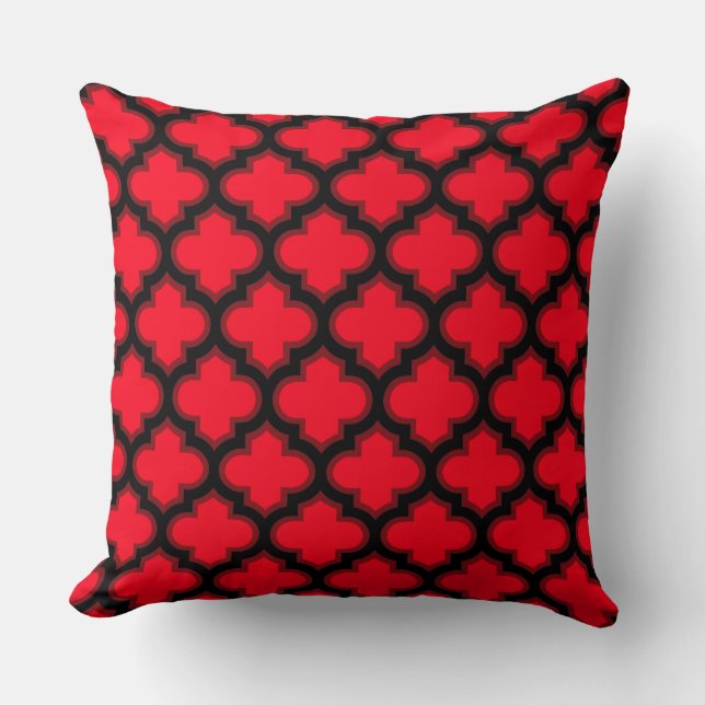 Zwarte Rode Quatrefoil Tralie Throw Kussen (Voorkant)