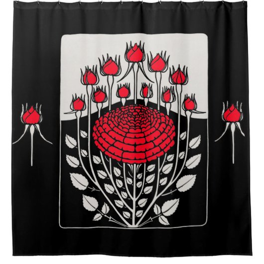 ZWARTE RODE ROSES, ROSEBUDS Art Nouveau Floral Douchegordijn (Voorkant)