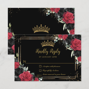 Zwarte Rode Rozen Bloemrijk Goud Quinceañera Sweet RSVP Kaartje