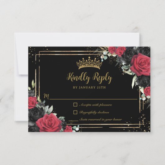 Zwarte Rode Rozen Bloemrijke Gouden Quinceañera Sw RSVP Kaartje (Voorkant)
