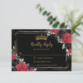 Zwarte Rode Rozen Bloemrijke Gouden Quinceañera Sw RSVP Kaartje (Staand voorkant)