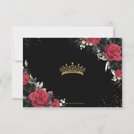 Zwarte Rode Rozen Bloemrijke Gouden Quinceañera Sw RSVP Kaartje (Achterkant)