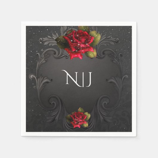 Zwarte  rode rozen bruiloft servetten (Voorkant)