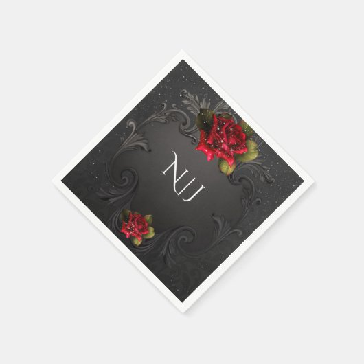 Zwarte  rode rozen bruiloft servetten (Hoek)