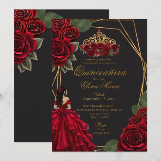 Zwarte Rode Rozen Gouden Prinses Quinceañera Kaart (Voorkant / Achterkant)
