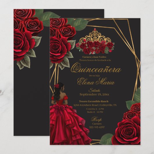 Zwarte Rode Rozen Gouden Prinses Quinceañera Kaart (Voorkant / Achterkant)
