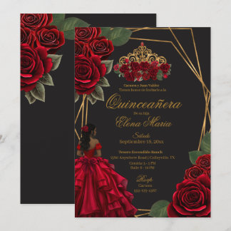 Zwarte Rode Rozen Gouden Prinses Quinceañera Kaart