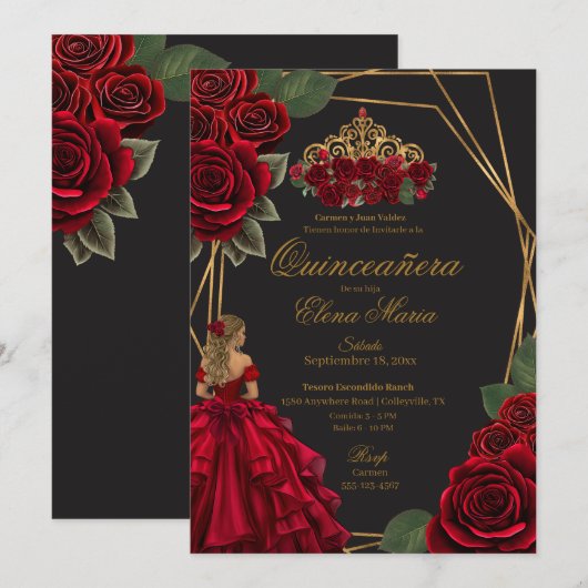 Zwarte Rode Rozen Gouden Prinses Quinceañera Kaart (Voorkant / Achterkant)