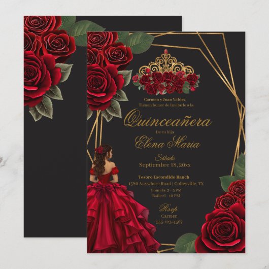 Zwarte Rode Rozen Gouden Prinses Quinceañera Kaart (Voorkant / Achterkant)