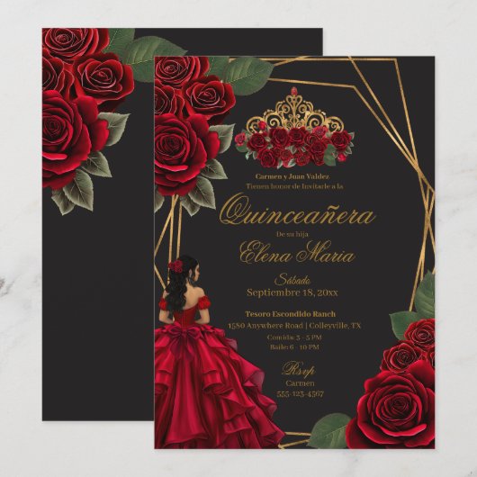 Zwarte Rode Rozen Gouden Prinses Quinceañera Kaart (Voorkant / Achterkant)