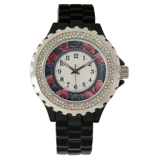 Zwarte & Rode Rozen Horloge (Voorkant)