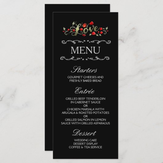 Zwarte & Rode Rozen LIEFDE Matching Wedding Menu (Voorkant / Achterkant)
