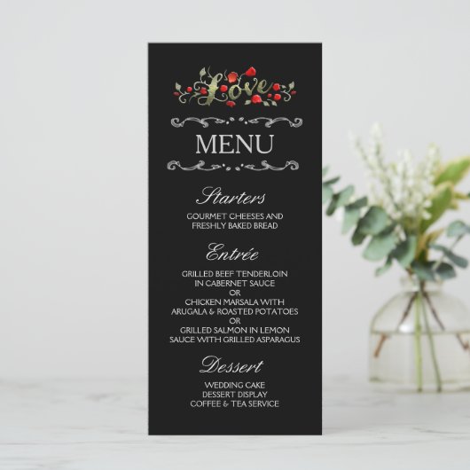 Zwarte & Rode Rozen LIEFDE Matching Wedding Menu (Staand voorkant)