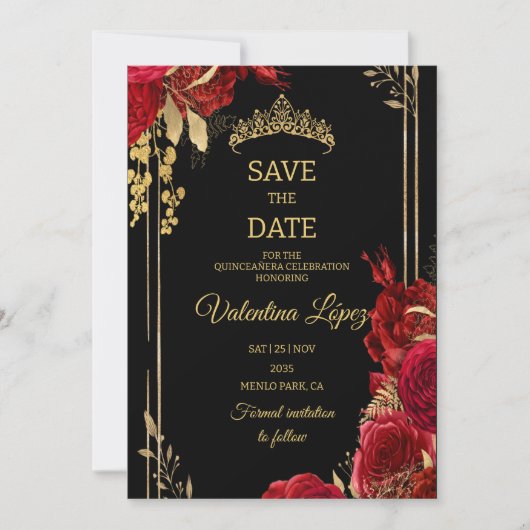 Zwarte Rode Rozen Quinceañera Bewaar de Datum Kaart (Voorkant)
