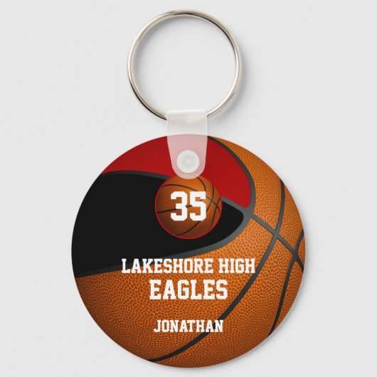Zwarte rode school kleuren basketbalteam jongens sleutelhanger (Voorkant)