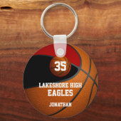 Zwarte rode school kleuren basketbalteam jongens sleutelhanger (Voorkant)