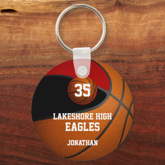 Zwarte rode school kleuren basketbalteam jongens sleutelhanger (Voorkant)