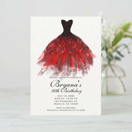 Zwarte Rode Sparkle Elegante Jurk Verjaardagsfeest Kaart (Staand voorkant)