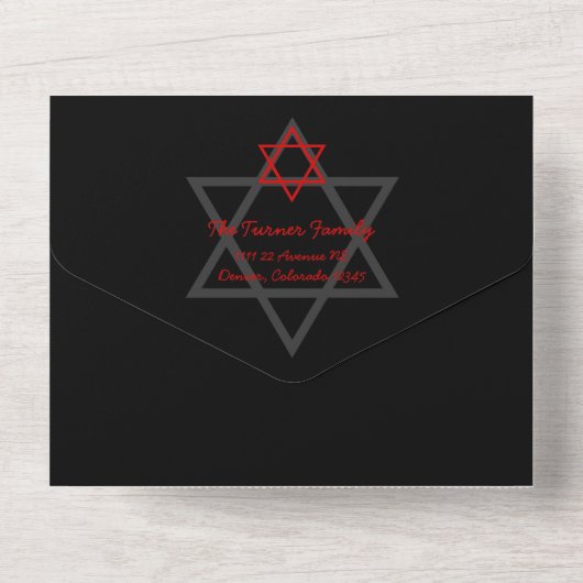 Zwarte Rode Ster van David Bar Mitzvah RSVP All In One Uitnodiging (Achterkant)