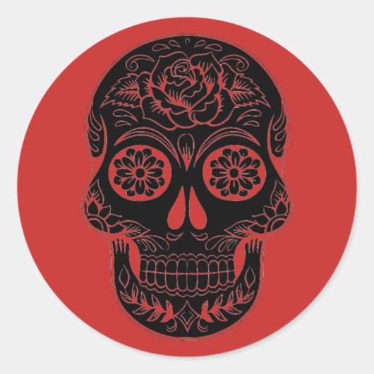 Zwarte & Rode Suikerschedel/Dag van de Dode Sticke Ronde Sticker (Voorkant)