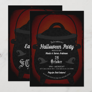 Zwarte Rode Vintage Witch Cauldron Halloween Party Kaart