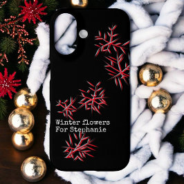 Zwarte rode winterbloemen feestelijke typografie t iPhone 16 hoesje