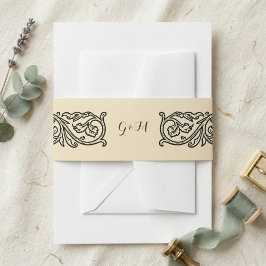 Zwarte rol met monogram, elegante uitnodiging  uitnodigingen wikkel