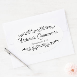 Zwarte rollen, aangepaste Quinceanera party logo Ovale Sticker