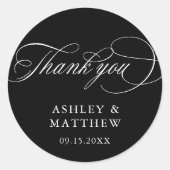 Zwarte Romantische Calligraphy Trouw Dank Je Ronde Sticker (Voorkant)