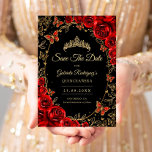Zwarte Rood Gouden Quinceanera Save The Date<br><div class="desc">Zwarte rode en gouden Quinceanera-vieringskaart 'Bewaar de datum'. Kenmerken: scriptlettertype,  vlinders,  watercolorrozen en tiara. Perfect voor een elegante prinsessenstijl glamourviering. Personaliseer met je eigen details. Gedrukt Zazzle-kaarten of direct downloadbare digitale printbare sjabloon.</div>