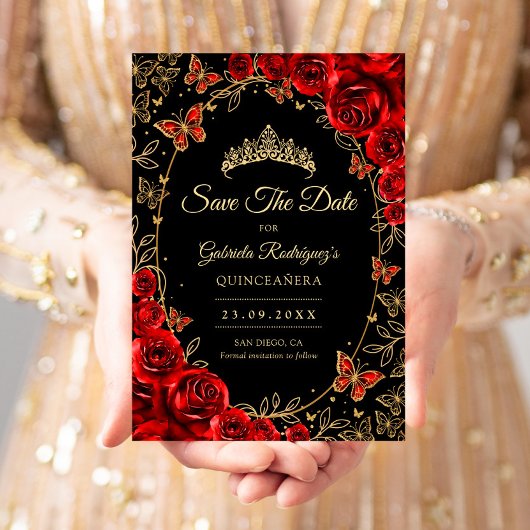 Zwarte Rood Gouden Quinceanera Save The Date