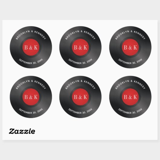 Zwarte Rood Rock And Roll Monogram Naam Vinylplaat Ronde Sticker (Vel)