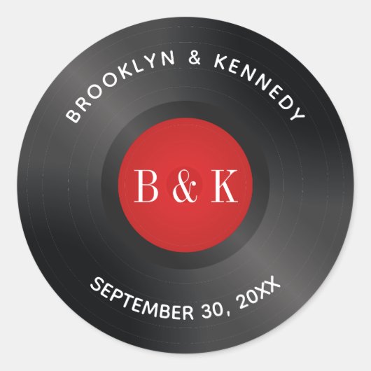 Zwarte Rood Rock And Roll Monogram Naam Vinylplaat Ronde Sticker (Voorkant)