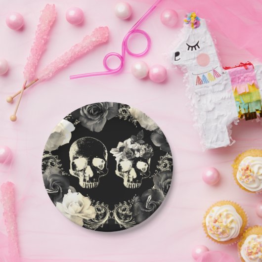 Zwarte roomgrijze skelet papieren bordje (Feest)
