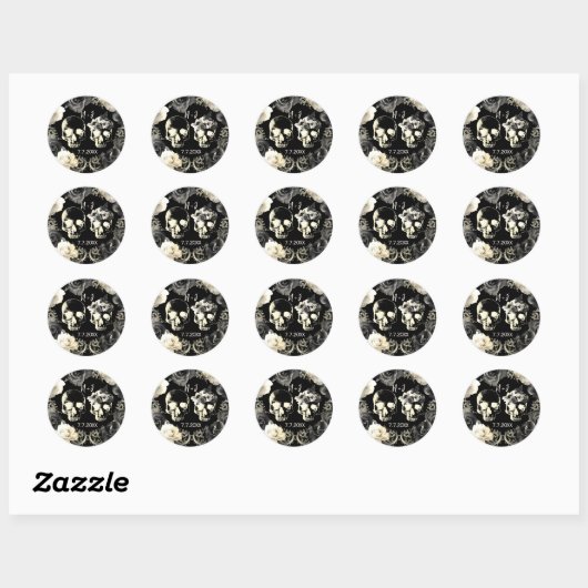 Zwarte roomgrijze skelet ronde sticker (Vel)