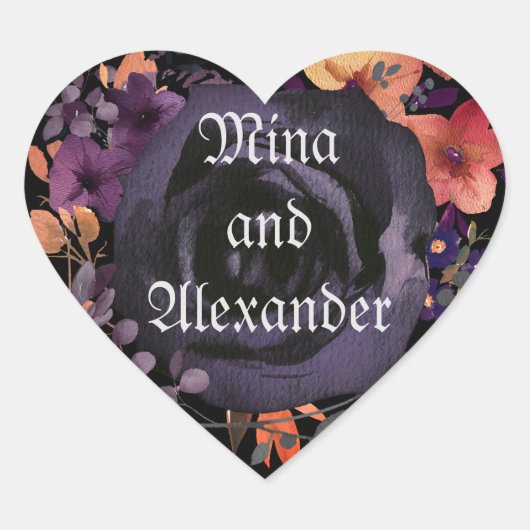 Zwarte Roos Bloemstuk Bruiloft Favor Hart Sticker (Voorkant)