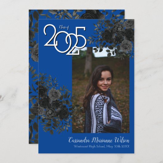 Zwarte Roos Blue Gothic Afstuderen kondiging Kaart (Voorkant / Achterkant)