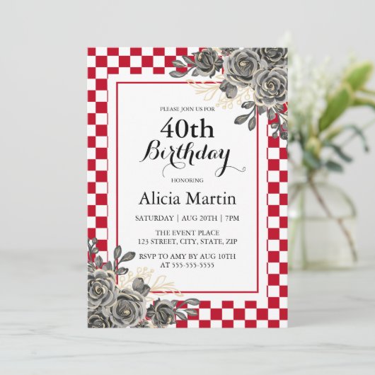 Zwarte Roos Bourgondië & Wit Geruite Verjaardag Kaart (Staand voorkant)