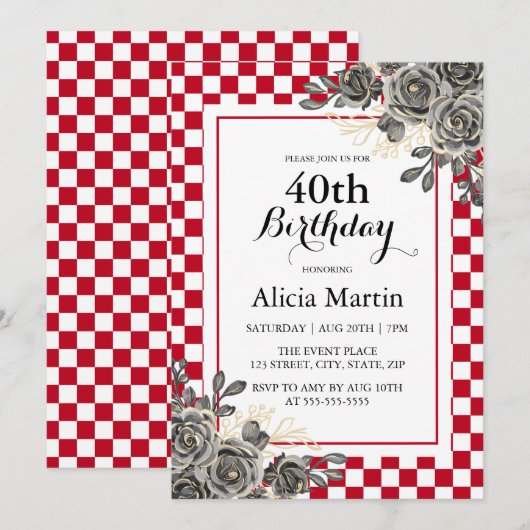 Zwarte Roos Bourgondië & Wit Geruite Verjaardag Kaart (Voorkant / Achterkant)