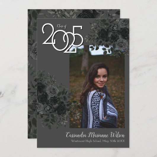 Zwarte Roos donkergrijze Afstuderen aankondiging (Voorkant / Achterkant)